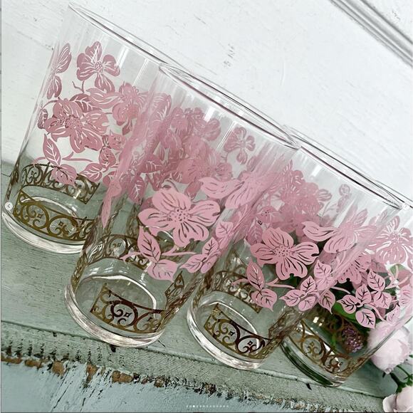 Vintage Federal Glass Tumbler Pink Dogwood Flower MCM Glassware Valentine SET 6 - Picture 3 of 10